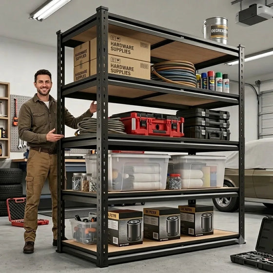 Black five-tier shelving unit holding tools, boxes, and storage bins in a garage