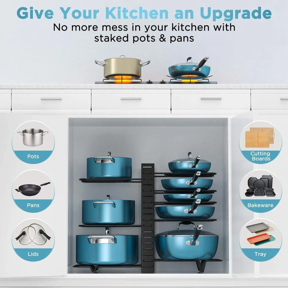 Pots and pans arranged inside a cabinet using adjustable storage racks