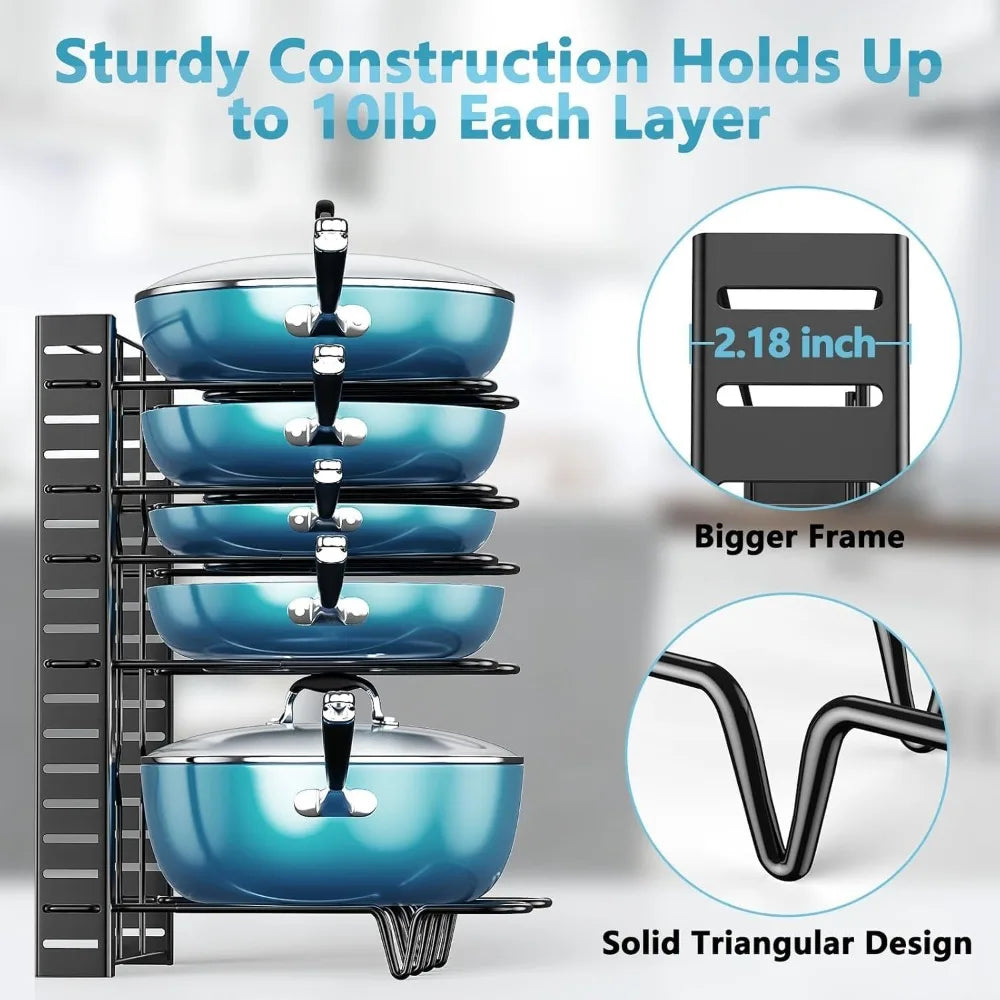 Vertical cookware organizer with adjustable dividers and triangular base supports