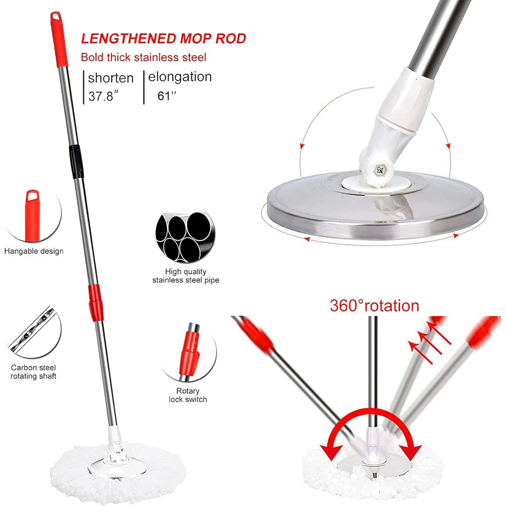 Spin mop handle length range, locking connector, and pivoting mop plate
