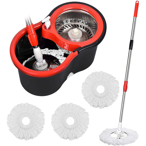 Black and red spin mop bucket set with adjustable handle and three round mop heads