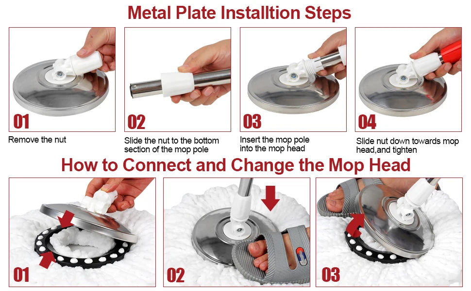 Illustrated mop plate installation and mop-head replacement steps