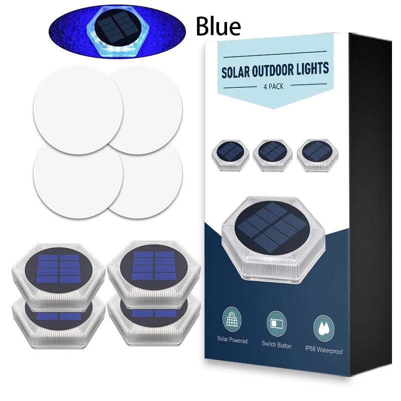 Product graphic showing hexagonal solar lights, a package, and an illuminated light inset.