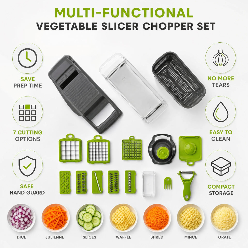 Cutting-options diagram showing diced, sliced, julienne, shredded, and grated vegetables