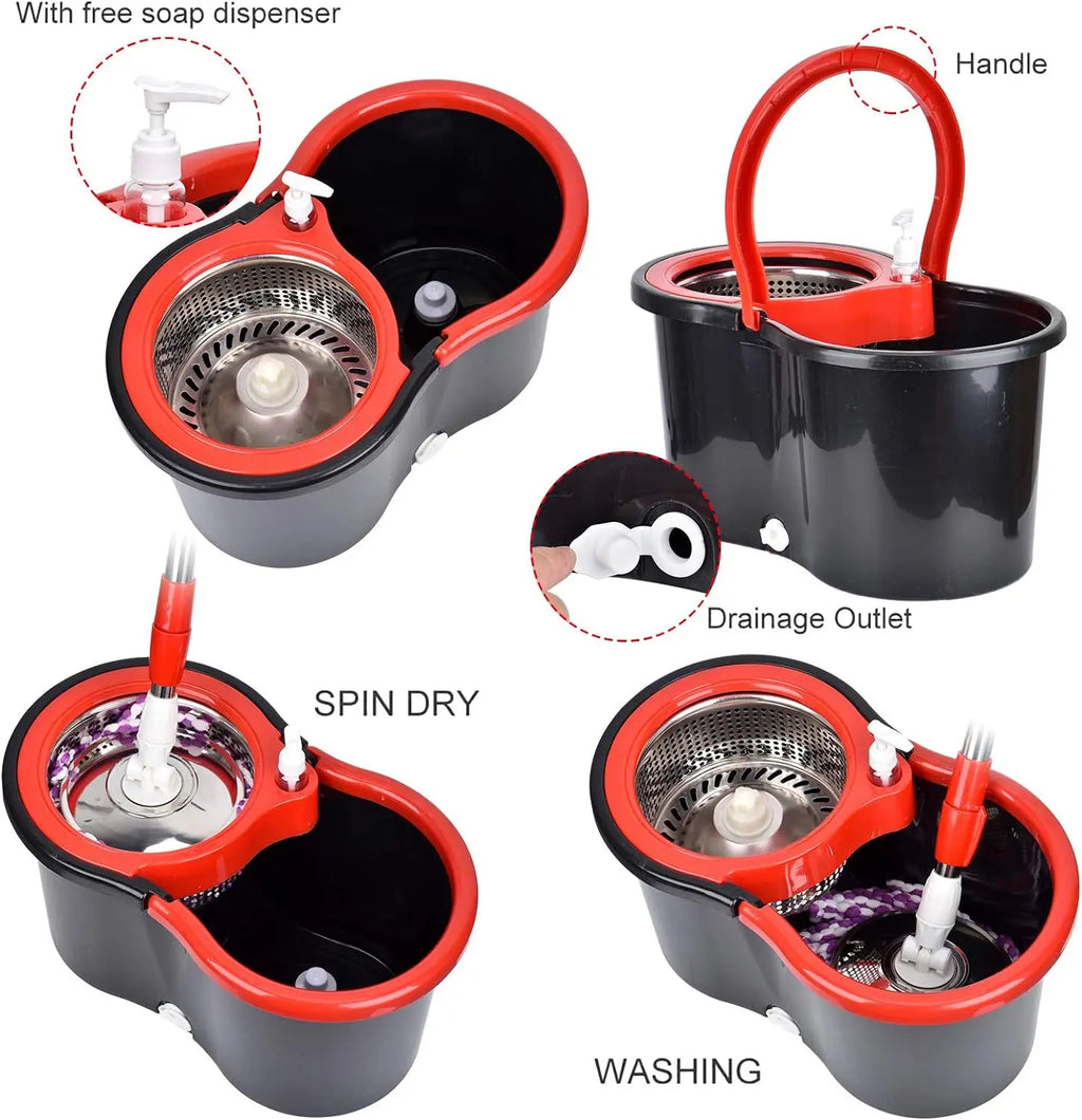 Spin mop bucket showing wash area, spin basket, dispenser, handle, and drain outlet