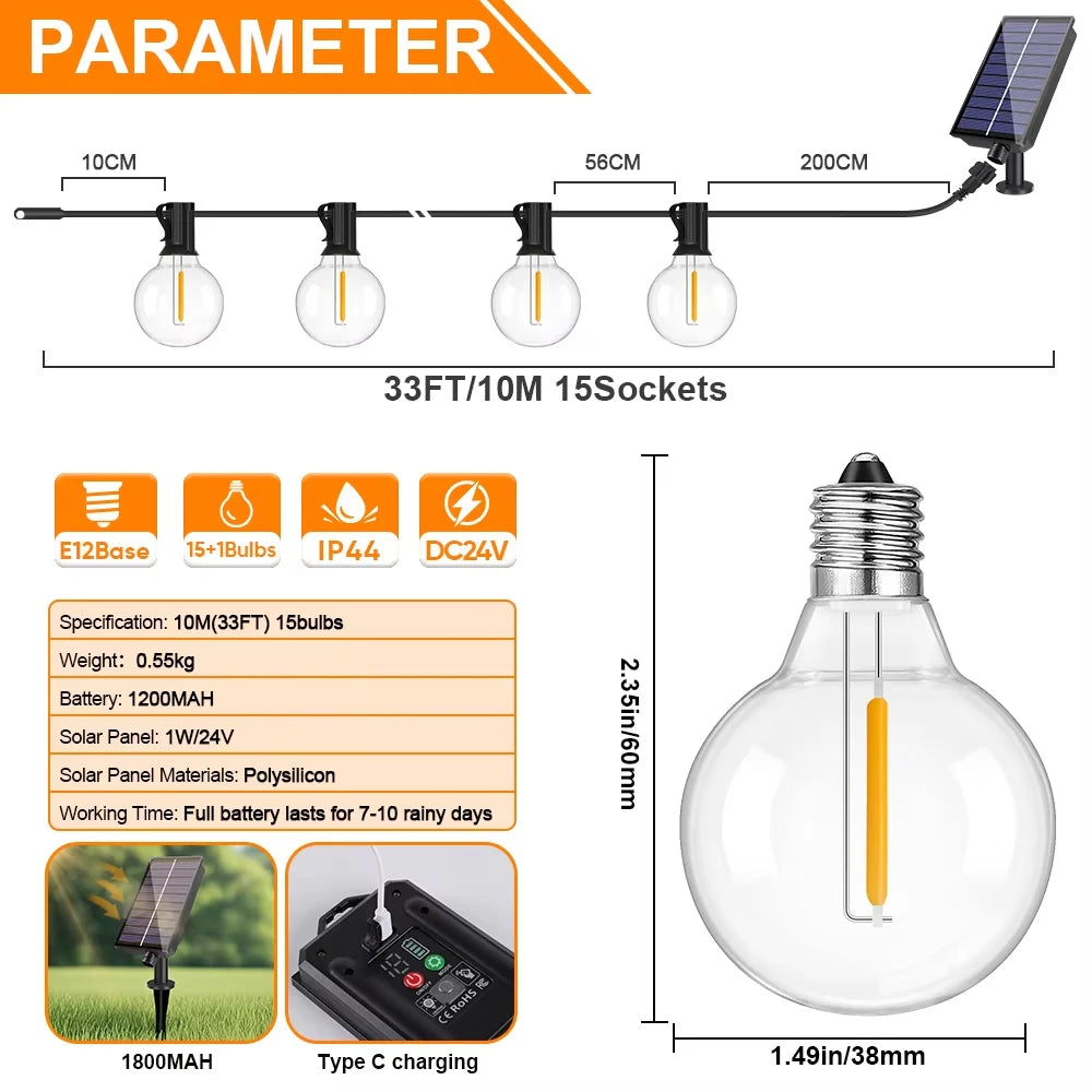 Variant specification graphic showing a globe-bulb string, solar panel, dimension labels, and configuration text.