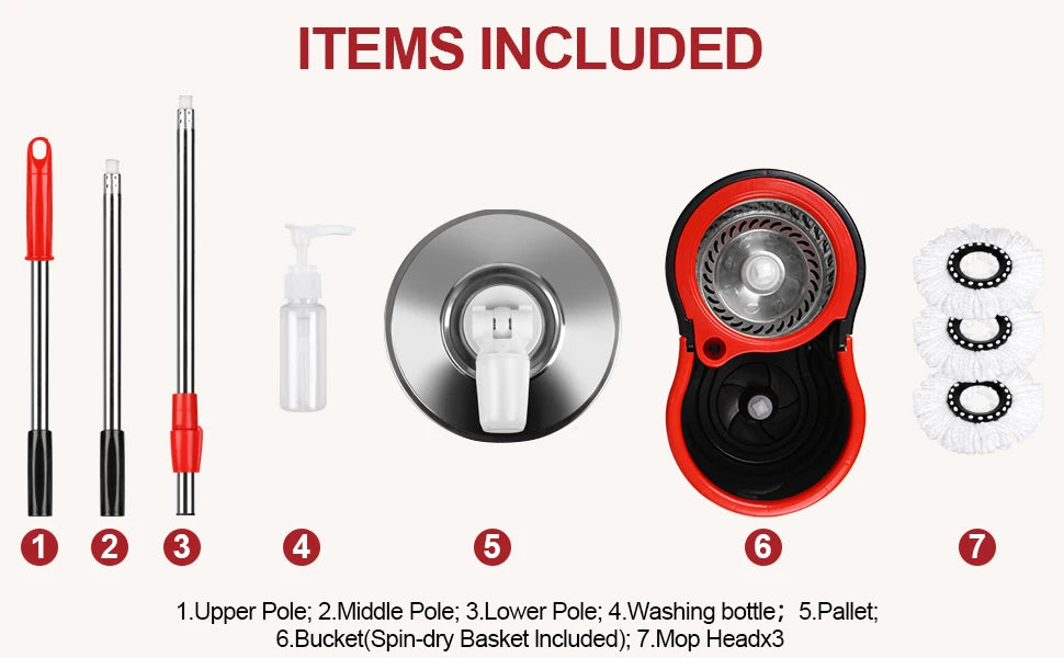 Spin mop set components including handle sections, mop plate, bucket, bottle, and three mop heads