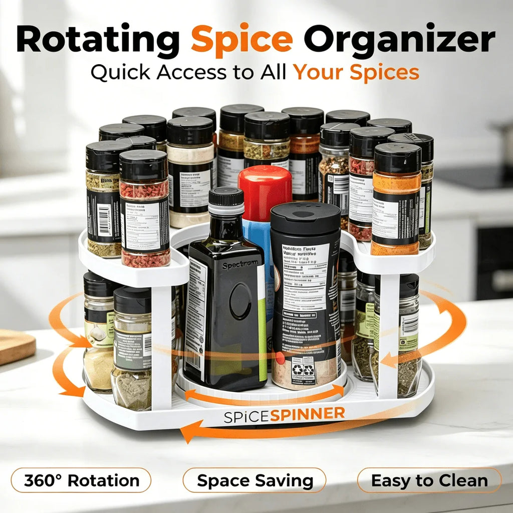 Rotating spice organizer on a kitchen counter with bottles arranged on both levels