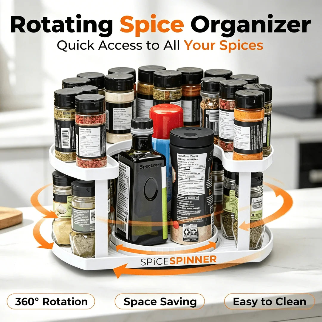 Rotating spice organizer on a kitchen counter with bottles arranged on both levels