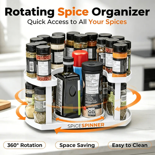 Rotating spice organizer on a kitchen counter with bottles arranged on both levels