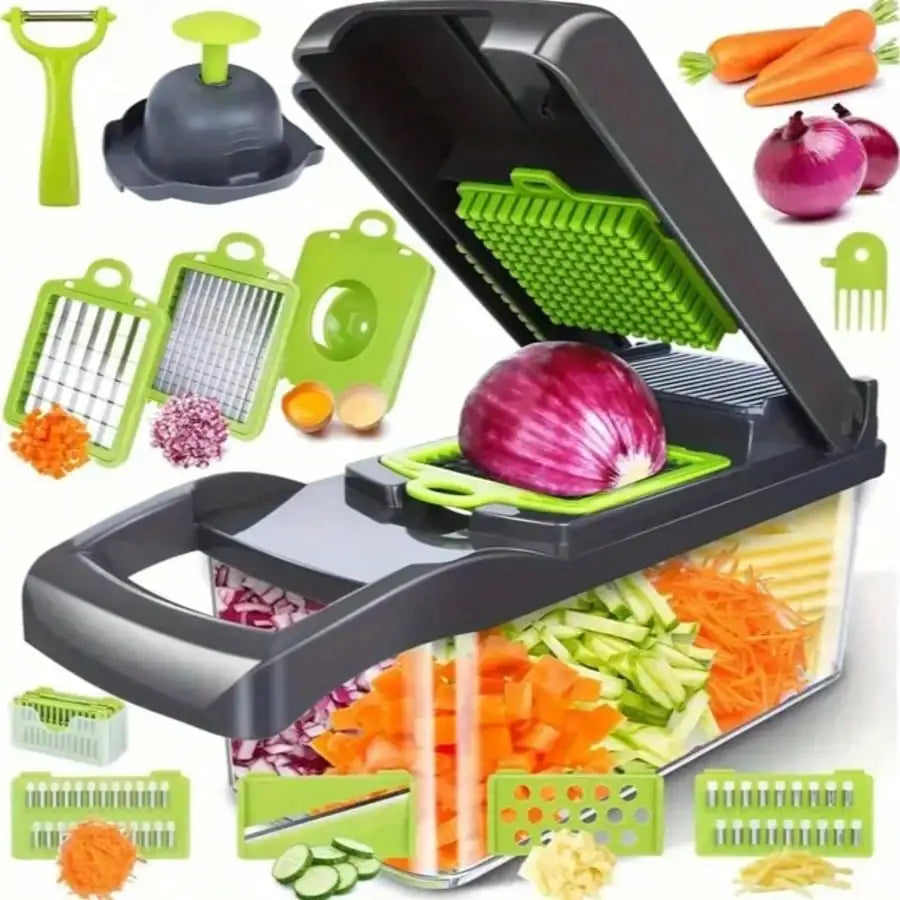 Green vegetable chopper set with container, peeler, handguard and cutting inserts