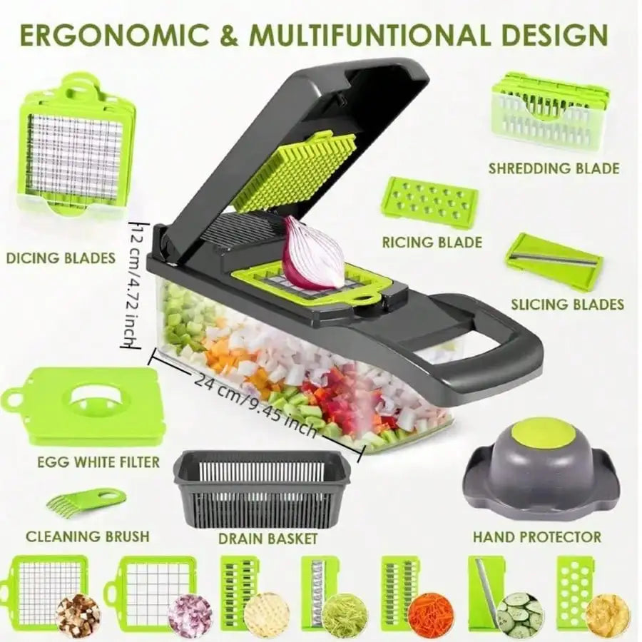 Manual chopper set with cutting inserts, hand guard, drain basket and cleaning tool