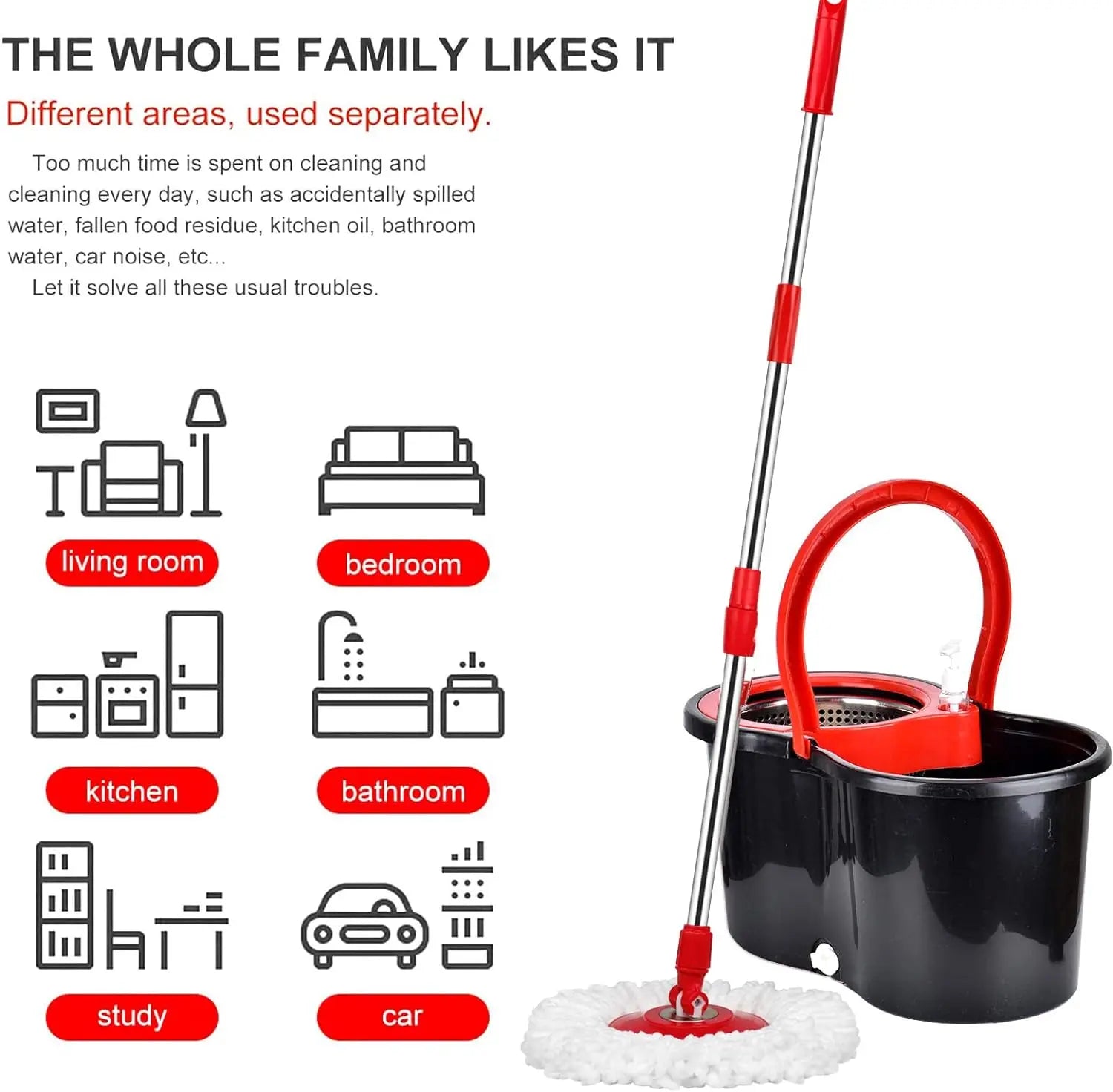Spin mop and bucket pictured with household room-use illustrations