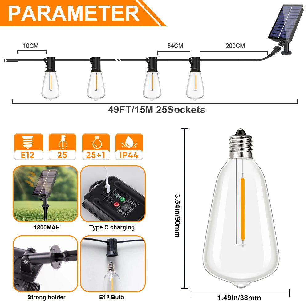 Variant specification graphic showing globe-bulb string lights, a solar panel, a controller detail, and dimension labels.