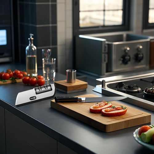 Front control panel on compact electric knife sharpener