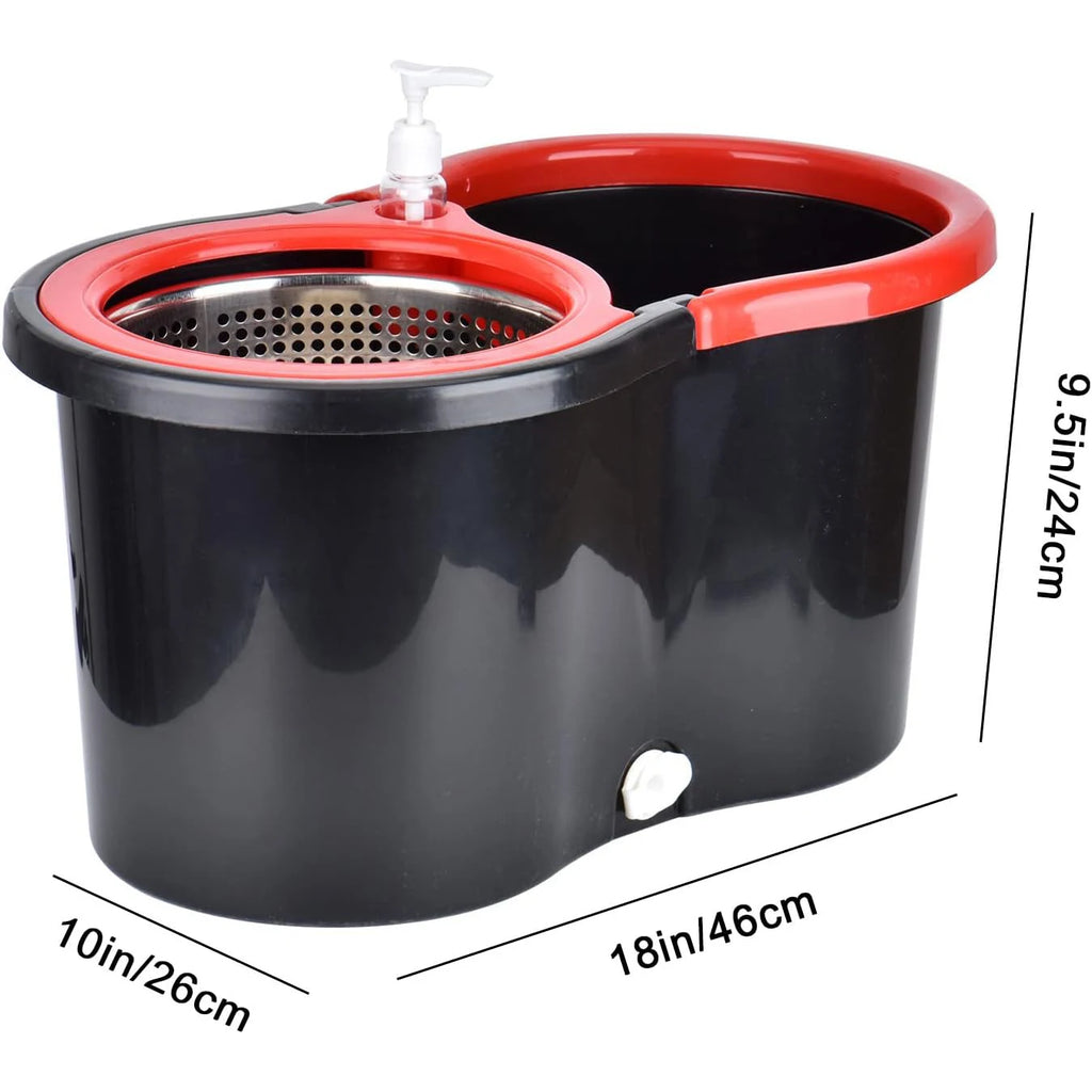 Black and red spin mop bucket showing approximate exterior dimensions