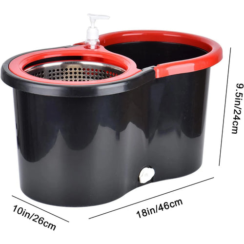 Black and red spin mop bucket showing approximate exterior dimensions