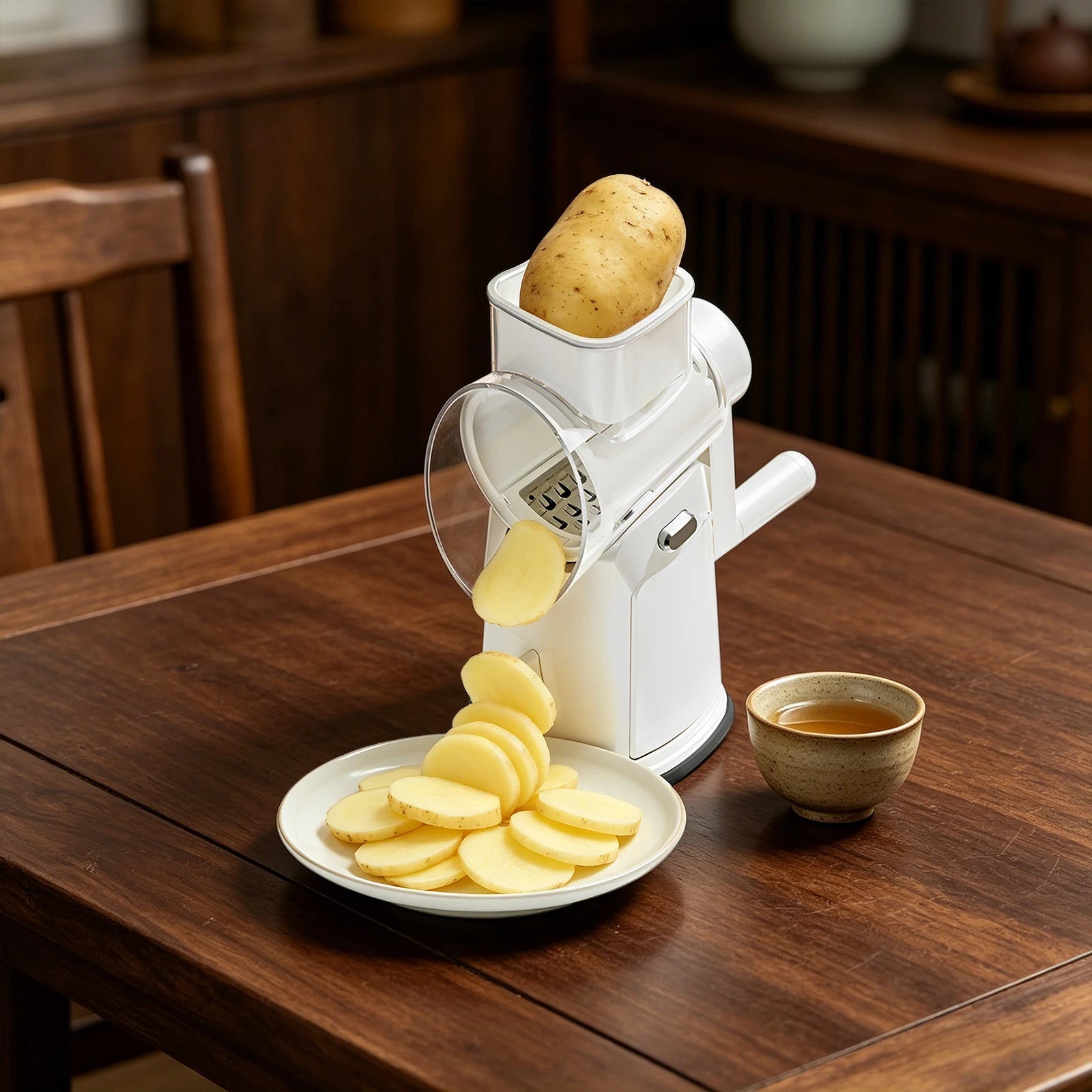 Hand-crank rotary slicer cutting a potato into round slices