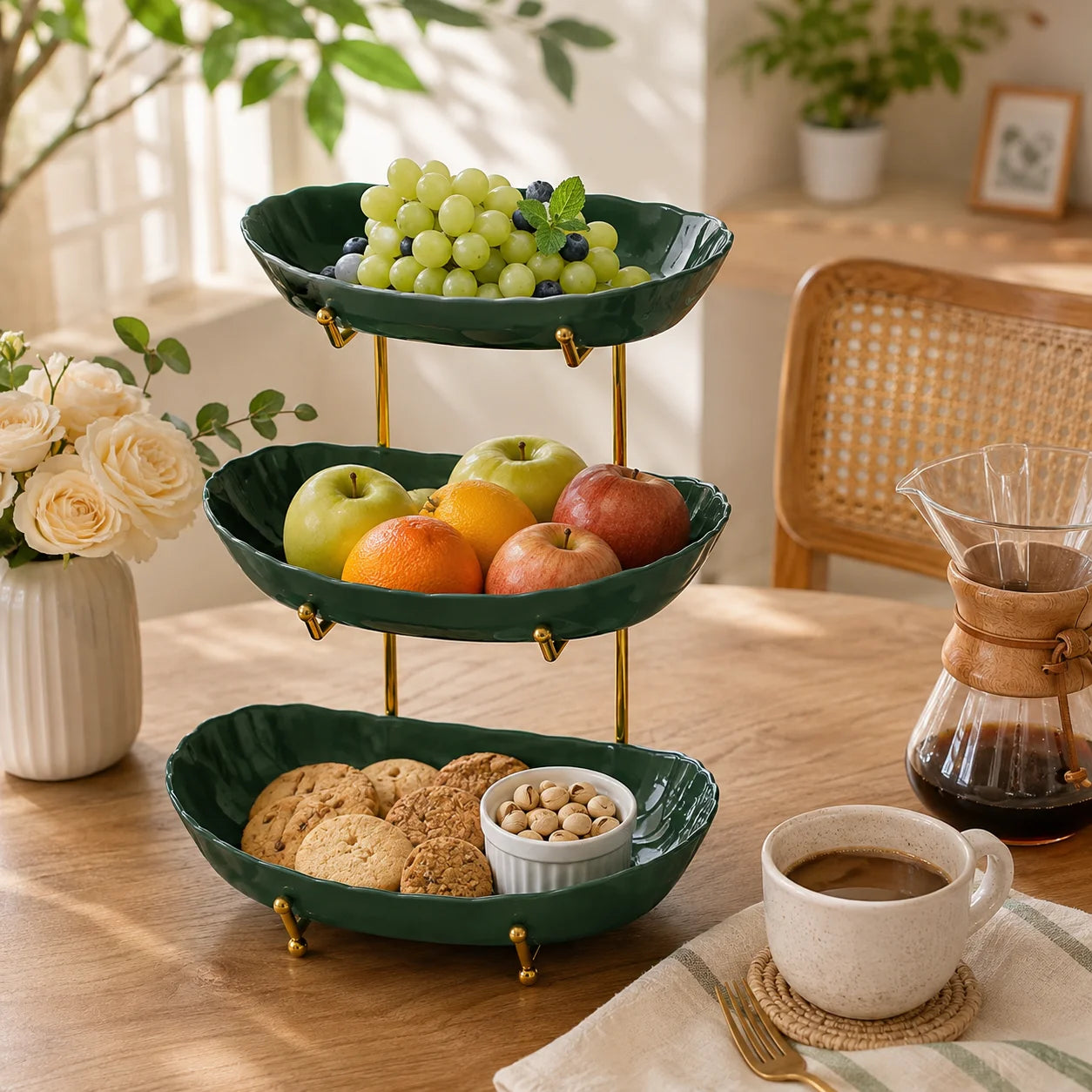 Green three-tier organizer holding grapes, mixed fruit, bread, and snacks