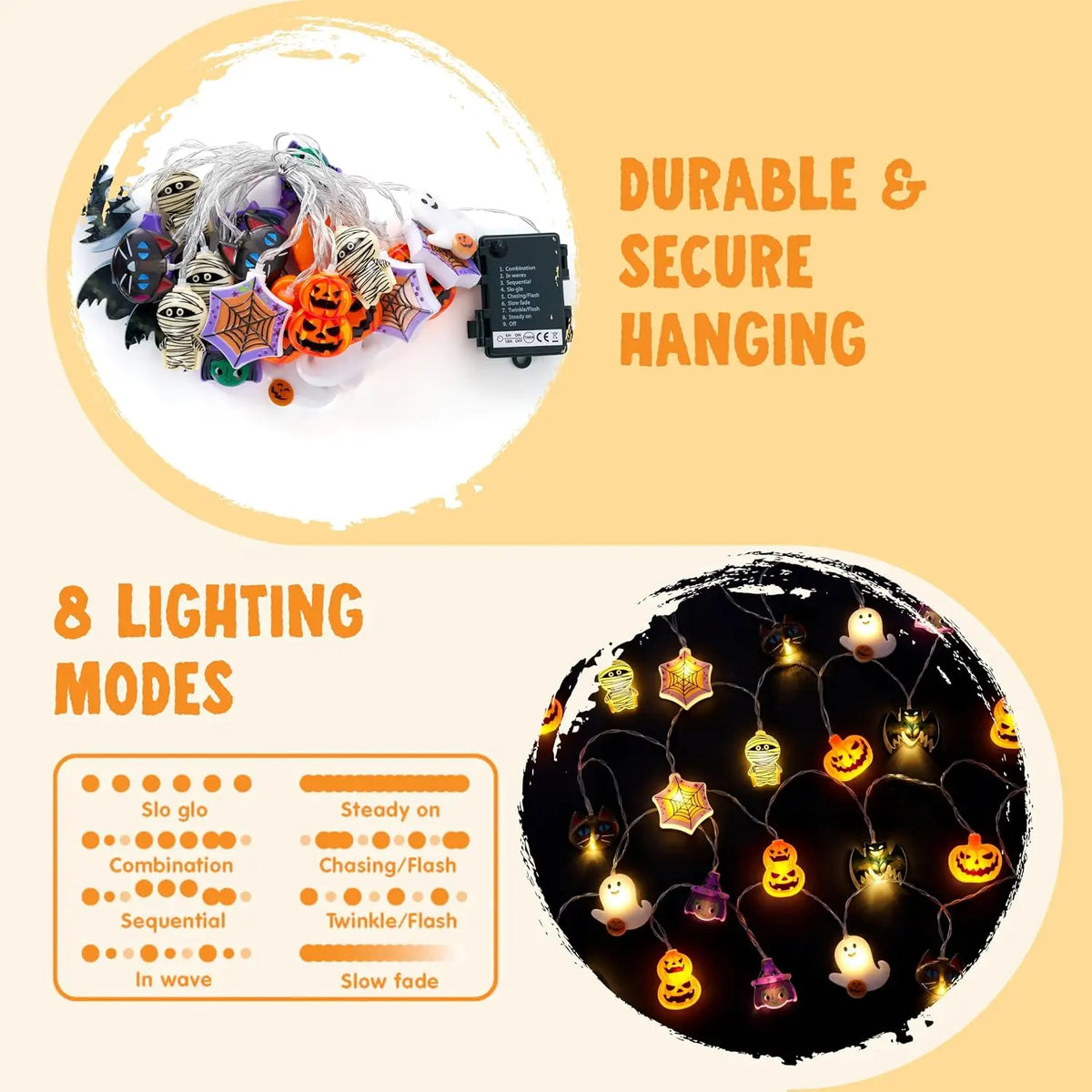 30 LED Halloween ghost and pumpkin string lights for indoor and outdoor decor