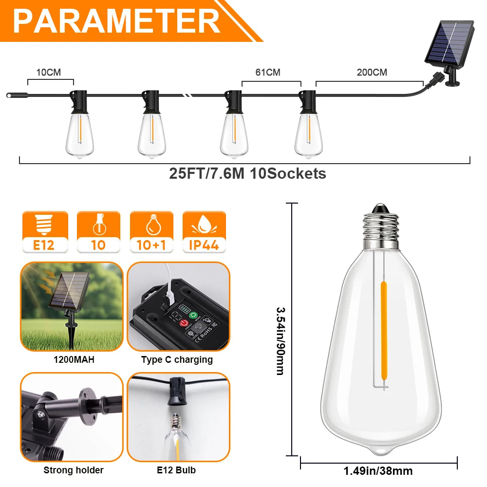 Variant specification graphic showing globe-bulb string lights, a solar panel, a controller detail, and dimension labels.