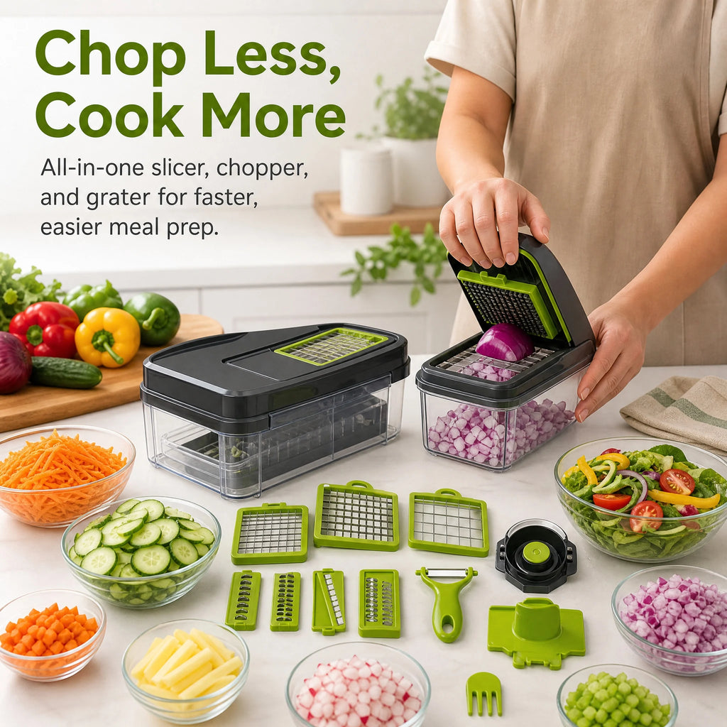 Multifunction vegetable preparation set shown with sliced and diced ingredients