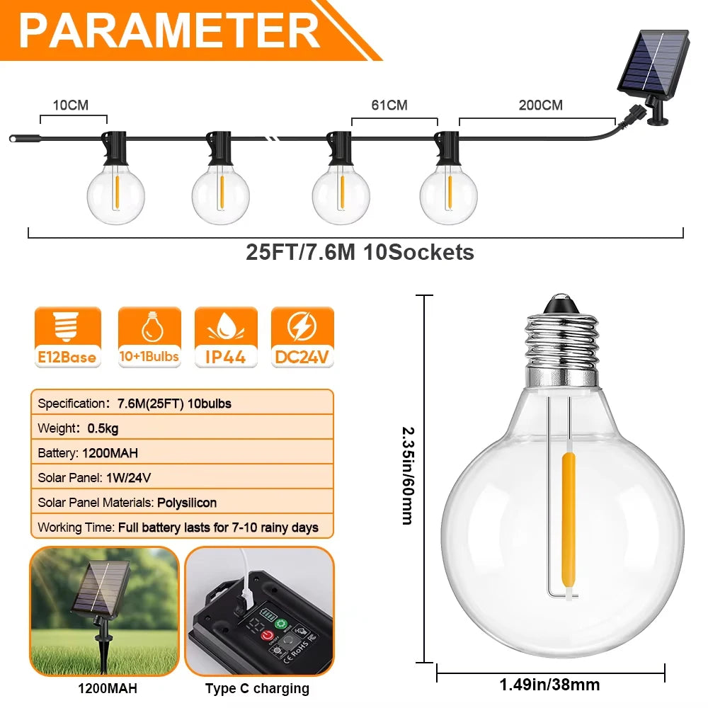 Solar G40 Outdoor String Lights with Remote Control