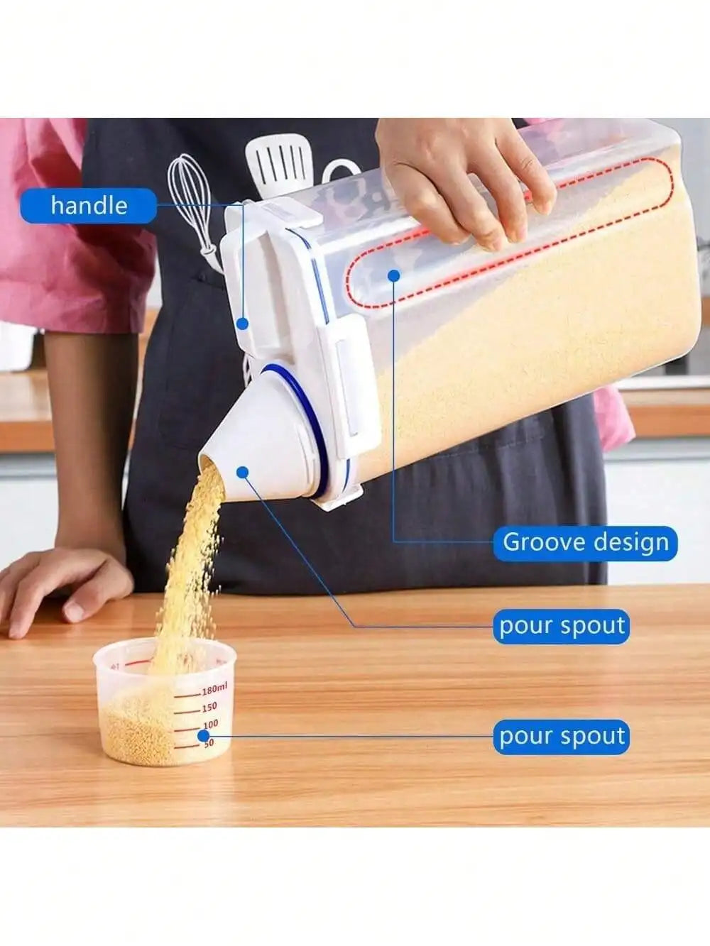 Labeled container features showing the grip, pour opening, grooves, and marked cup cover