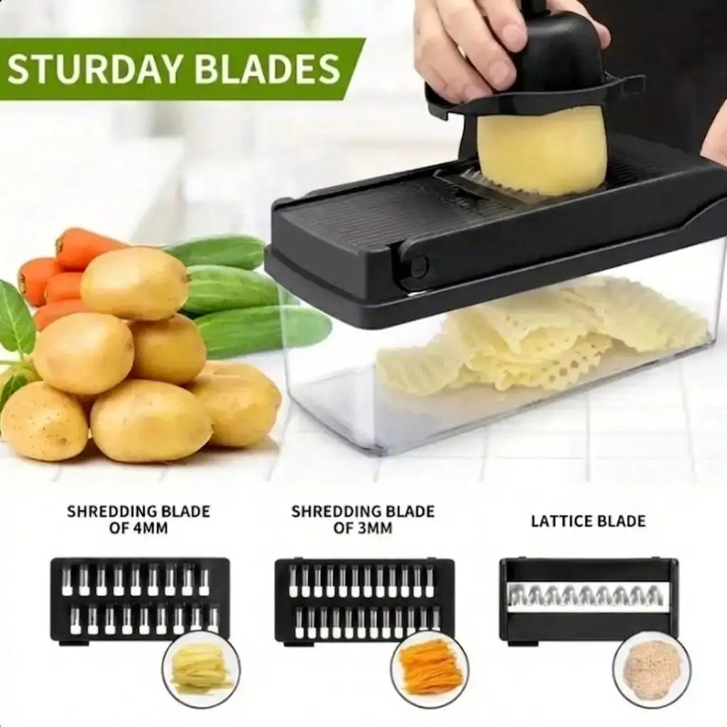 Potato pressed through black chopper with shredding and lattice inserts displayed