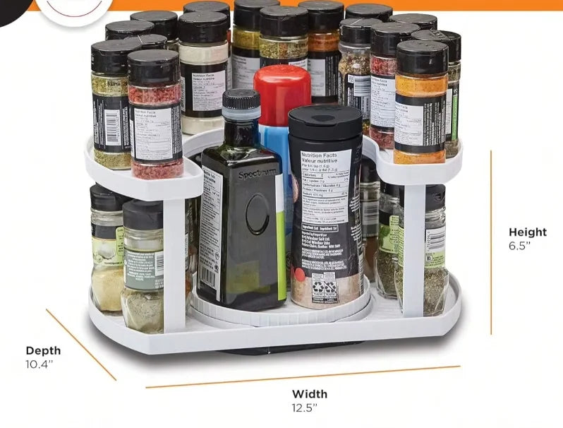 White D-shaped spice organizer with approximate width, depth, and height measurements