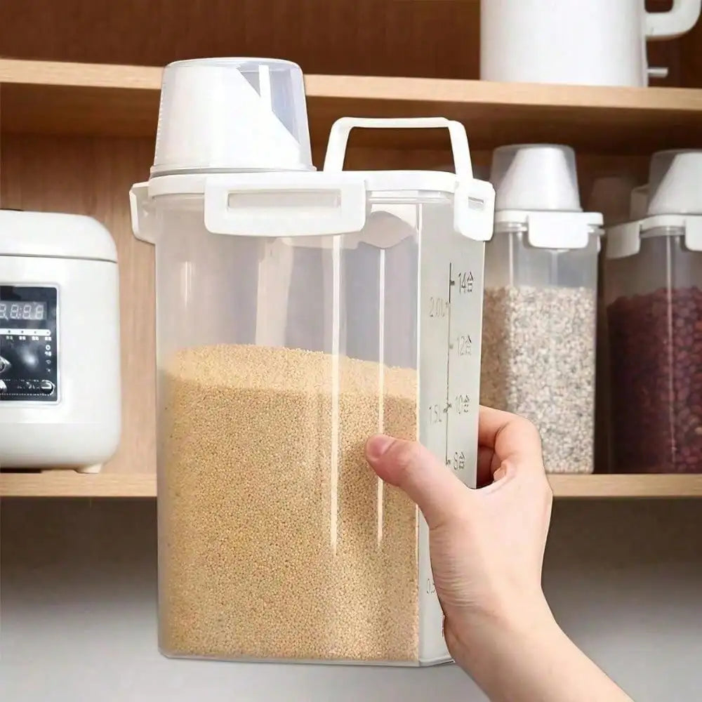 Alternate view of a clear grain container held by the side grip