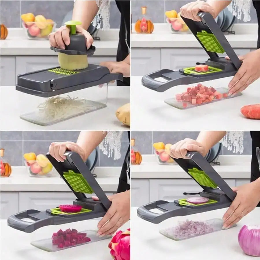 Four views demonstrating grating, slicing and push-down dicing over the container