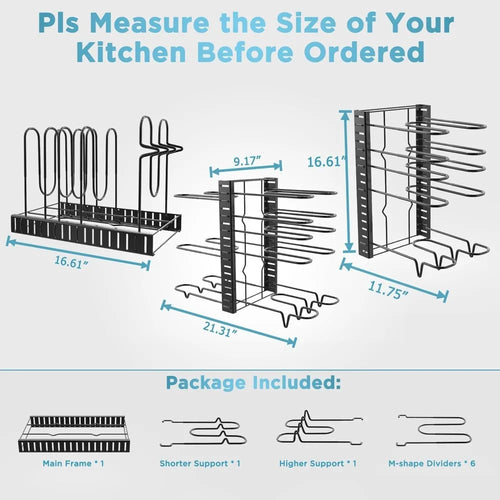 Adjustable cookware rack dimensions and included frame components diagram