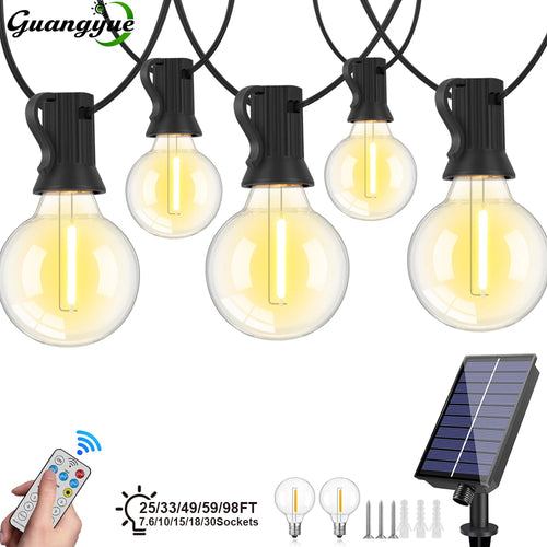 Graphic showing clear globe string lights, a solar panel, remote control, mounting hardware, and length options.