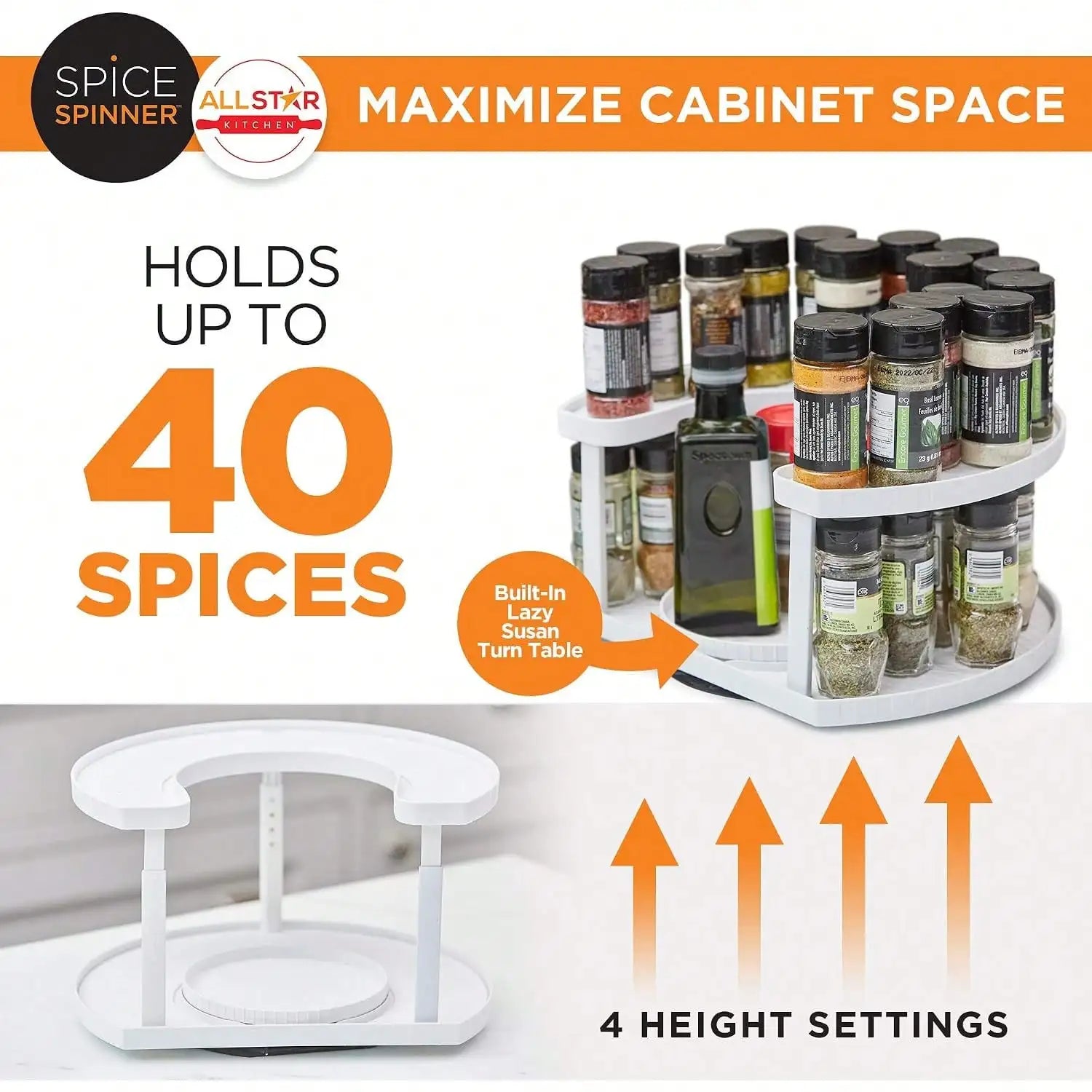 Spice rack capacity illustration with bottles arranged around the open center