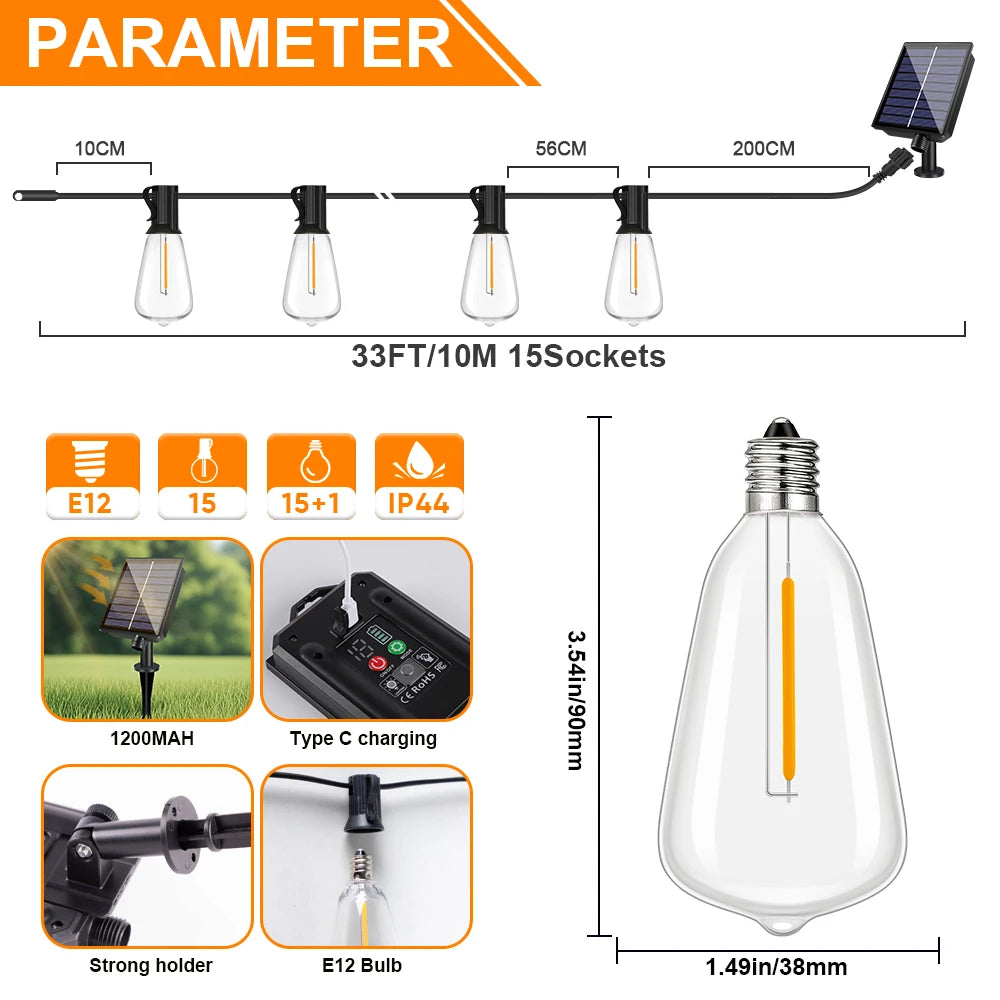 Variant specification graphic showing globe-bulb string lights, a solar panel, a controller detail, and dimension labels.