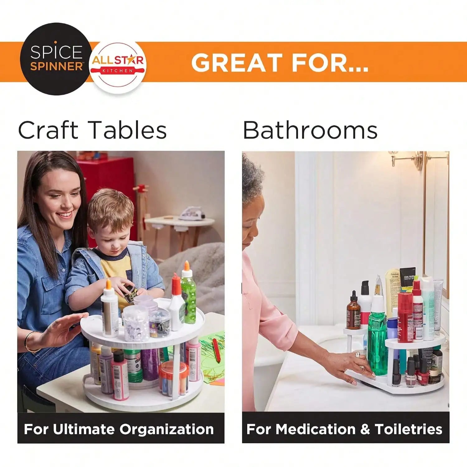 Two-tier organizer shown with craft supplies and bathroom bottles