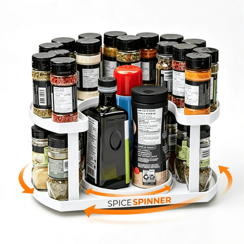 White two-tier rotating spice organizer filled with assorted spice bottles