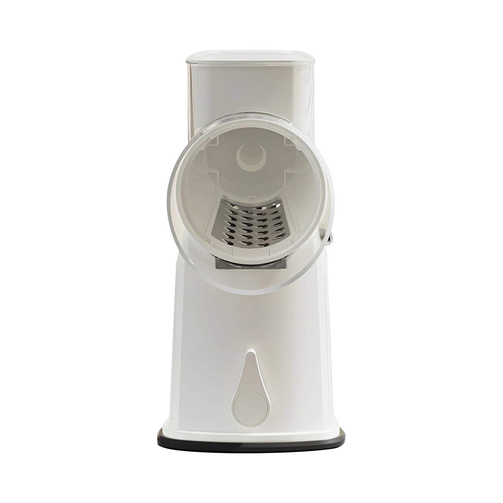 Front view of white hand-crank vegetable slicer with cutting drum installed