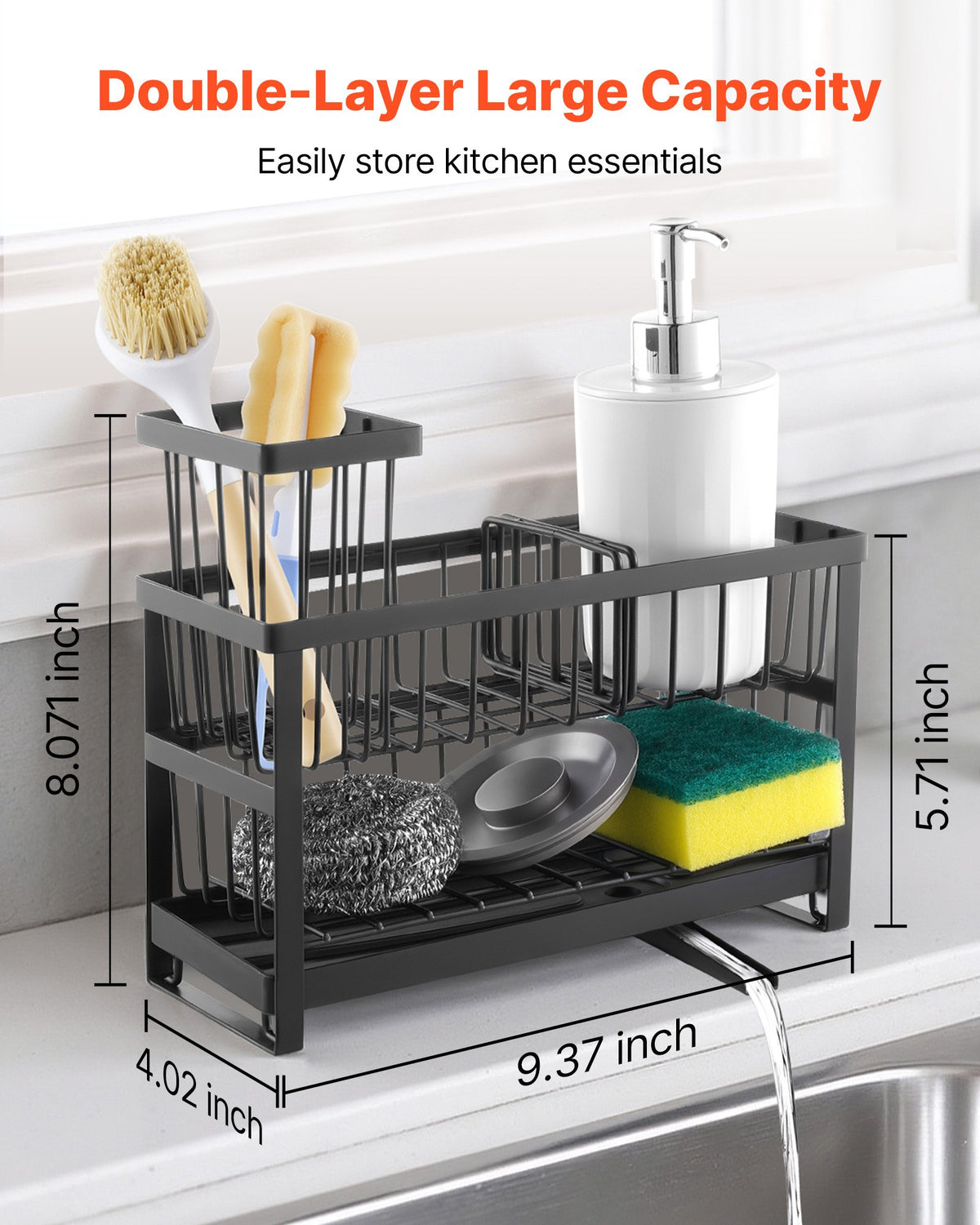 Graphic showing the black sink caddy filled with sink accessories, dimension labels, and overlay text
