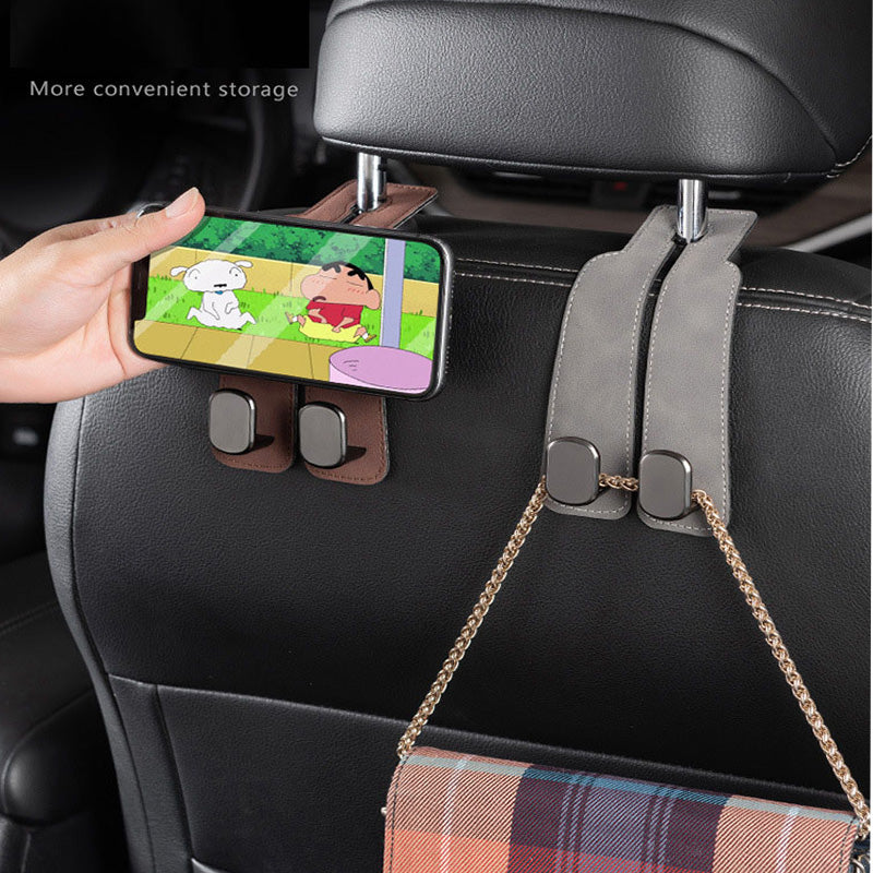 Car seat headrest hooks with leather and metal purse bag hanger