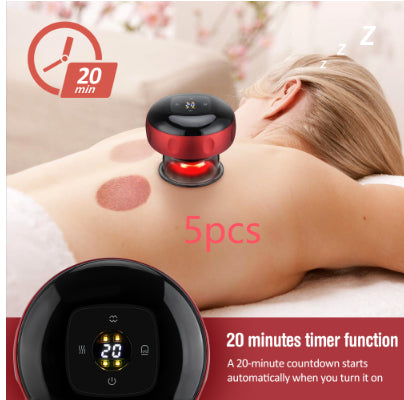 Graphic showing a red cupping device on a person’s back with a timer graphic and control-display inset