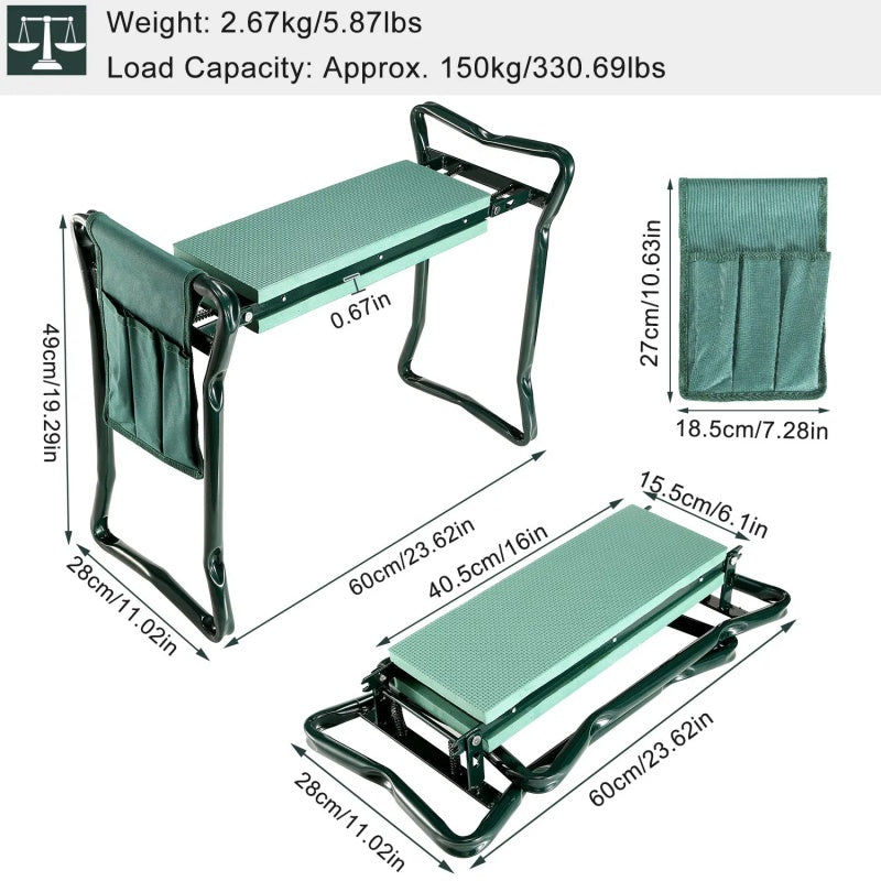 Foldable garden kneeler and seat with EVA cushion and tool pouch