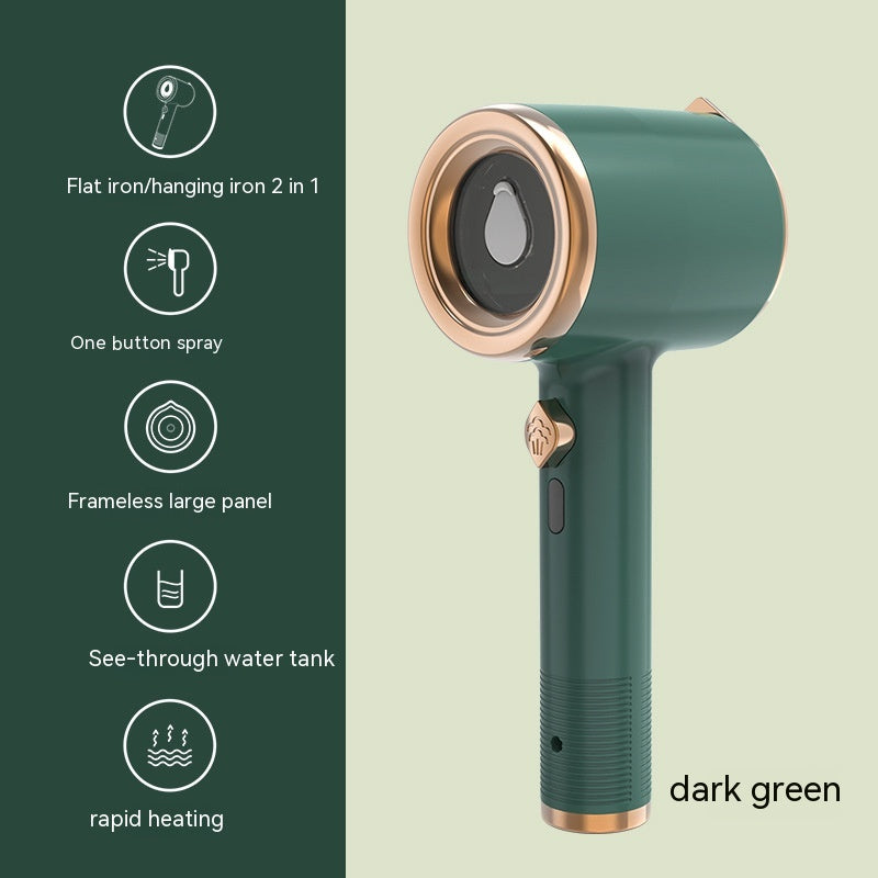 Dark green handheld steamer beside icons and labels for ironing positions, spray, panel, water tank, and heating