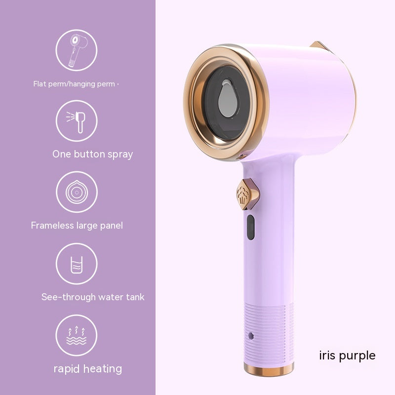 Purple handheld steamer beside icons and labels for ironing positions, spray, panel, water tank, and heating