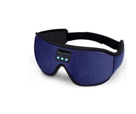 Black sleep mask with a blue front panel and control buttons on a white background