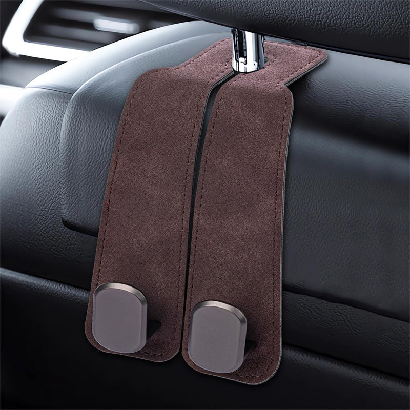 Car seat headrest hooks with leather and metal purse bag hanger