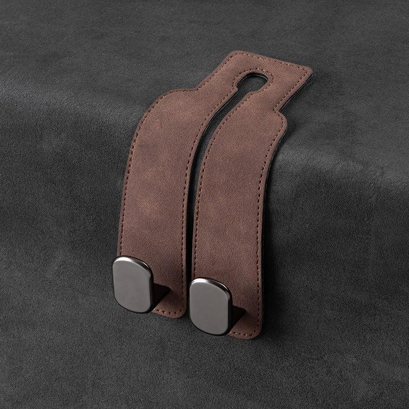 Car seat headrest hooks with leather and metal purse bag hanger