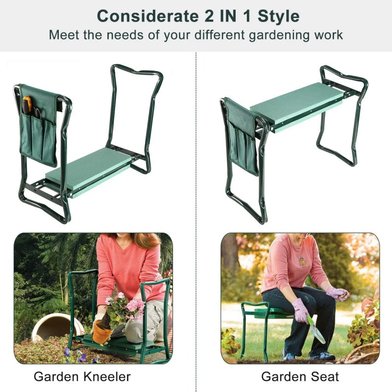 Foldable garden kneeler and seat with EVA cushion and tool pouch