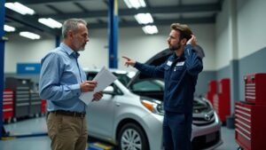 A customer holds papers while a mechanic points to a vehicle. This image illustrates a common problem discussed in a MotoAssure BBB review on the Zynqle website.